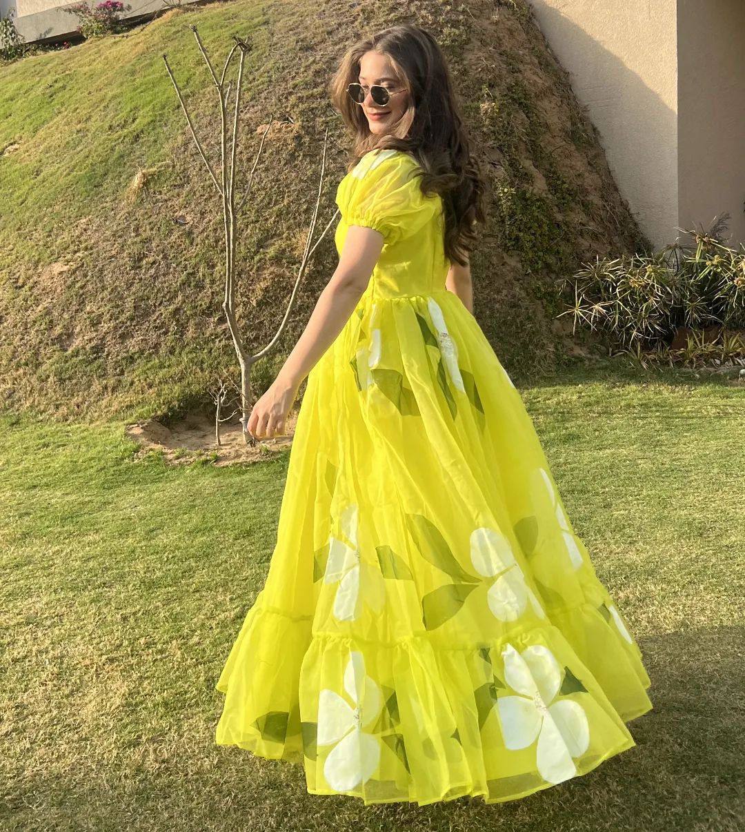 MK Neon Floral Maxi Organza Printed Designer Gown Catalog